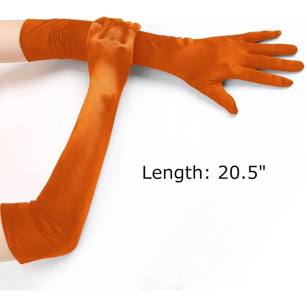 Women's Smooth Orange Long Satin Gloves Elbow Length Party Costume Accessory